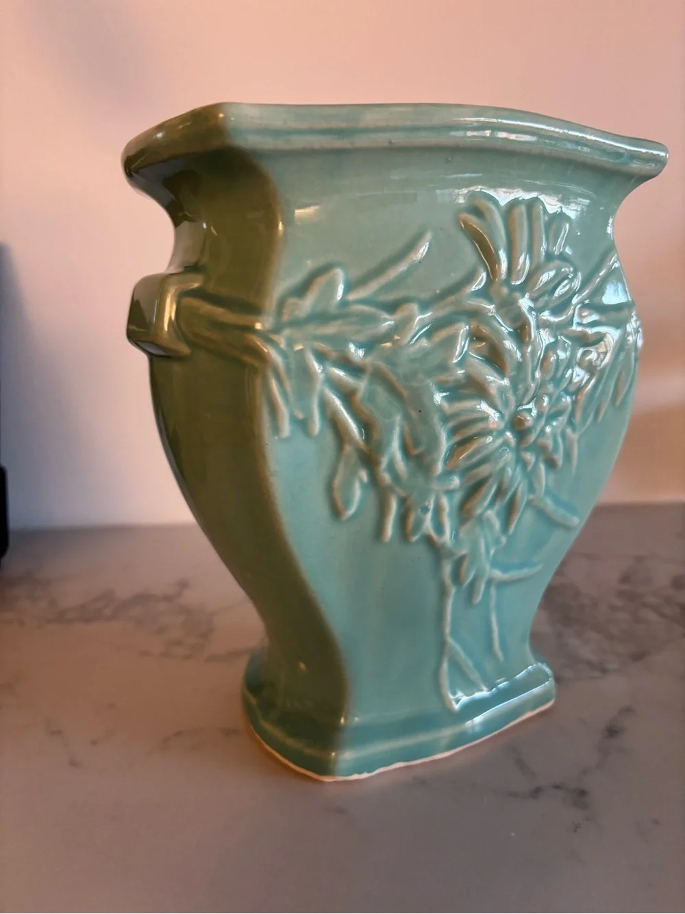 Vintage McCoy Pottery Turquoise Chrysanthemum Vase Art Deco Handles 1950s 7